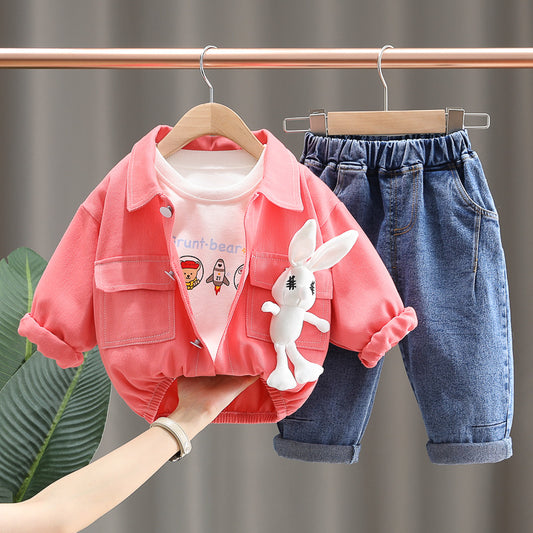 AO0508-42 طقم جينز 3 قطع ( بلوزة قطنية + جكيت كتان + بنطلون جينز)