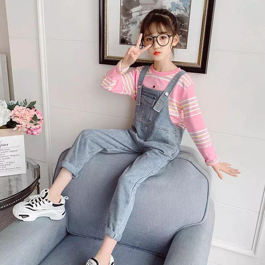 AO1023-49 طقم افرهول جينز + بلوزة مخططة