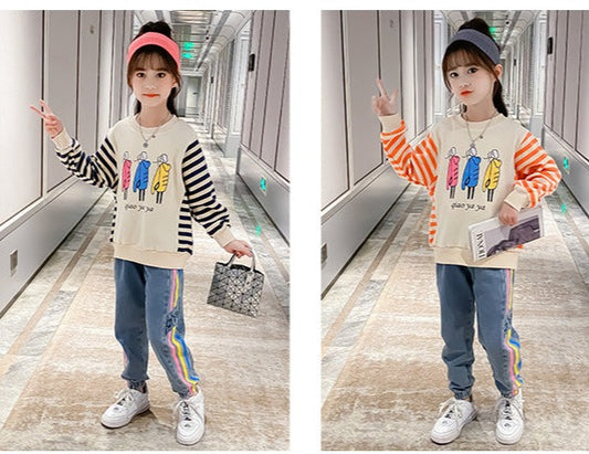 AO0505-58 طقم جيز مميز خريفي دافي ( بلوزة قطنية ثقيلة + بنطلون جينز ناعم )