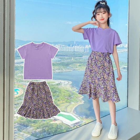 AO0507-78 طقم تنورة قطعتين ( بلوزة قطنية + تنورة موردة ناعمة )