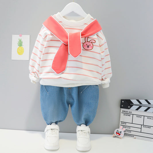 AS-1558B طقم بناتي قطعتين ( بلوزة مع لفحتها + بنطلون جينز)