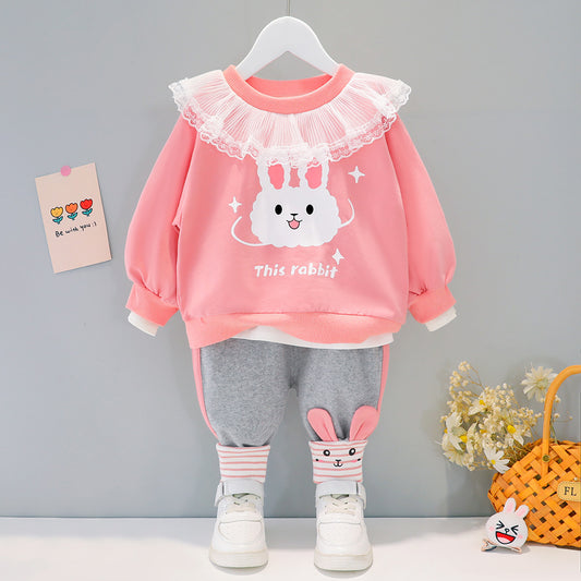 AS-1704G طقم ارنوب قطني قطعتين ( بلوزة مزينة بالشيفون + بنطلون)