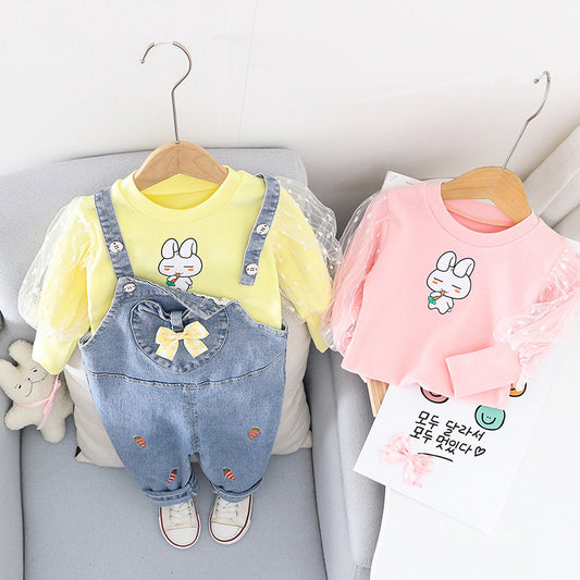 AS-2220G طقم أفرهول جينز قطعتين ( بلوزة قطنية بالشيفون + أفرهول جينز )