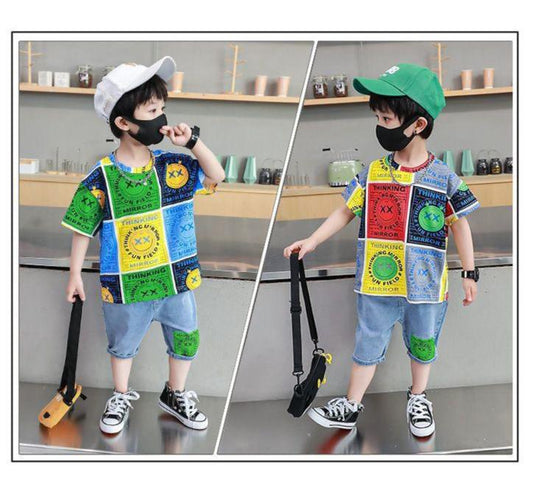 FU14042024-45 طقم ولادي صيفي قطعتين ( بلوزة قطنية + بنطلون جينز )