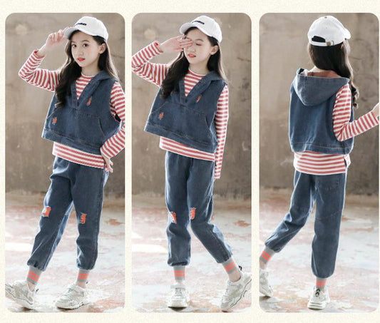 FU14042024-7 طقم بناتي 3 قطع ( فست جينز + بلوزة قطنية+ بنطلون جينز )