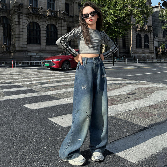 WZH191124-11 بنطال جينز واسع بتطريز فراشات للبنات