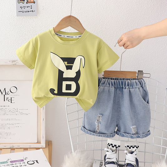 SSX220824-1 طقم ولادي قطعتين نخب اول ( بلوزة قطنية + شورت جينز )