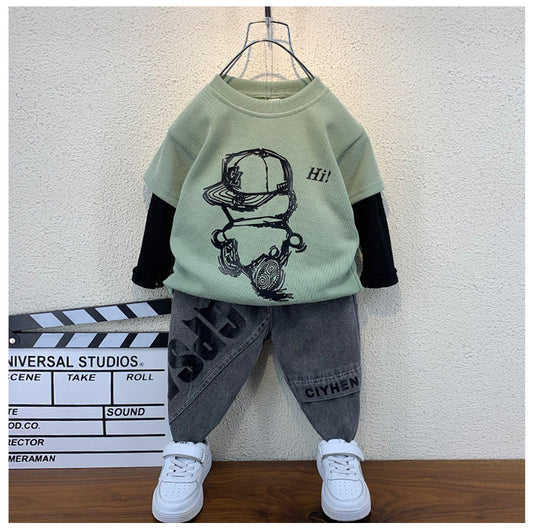 RM1227-44 طقم ولادي قطعتين ( بلوزة قطنية + بنطلون جينز )