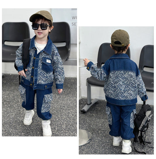 RM1227-36 طقم جينز ناعم ومريح ، قطعتين عالنمط بالكوري برسومات عصرية ( جكيت جينز + بنطلون جينز)