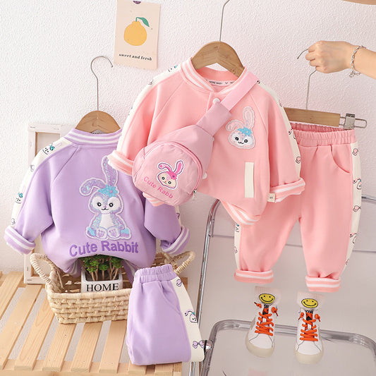 SSN040924-7 طقم بناتي قطن دافي خريفي ربيعي 3 قطع ( جكيت + بنطلون + حقيبة )