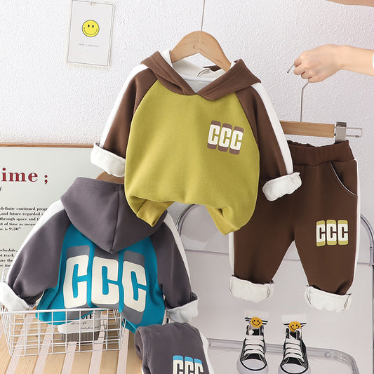 SSX220824-57 طقم ولادي شتوي تقيل مبطن فرو بالكامل قطعتين ( بلوزة + بنطلون)