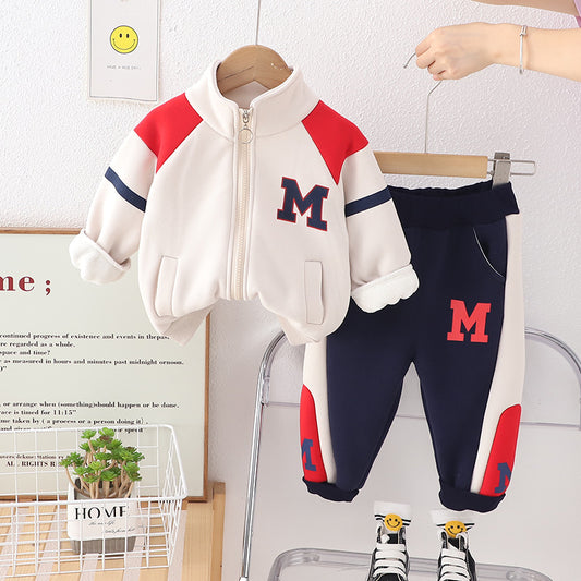 SSX220824-27 طقم ولادي شتوي تقيل مبطن فرو بالكامل قطعتين ( بلوزة + بنطلون)