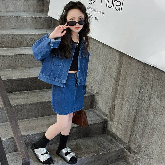 WZH191124-4 طقم جينز قطعتين ( جكيت + تنورة )