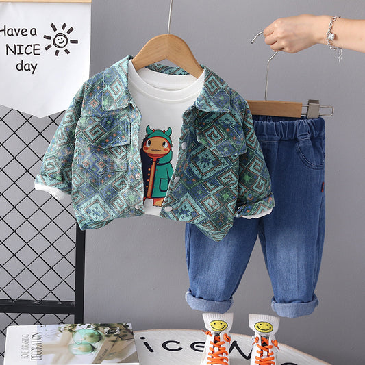 RM231223-29 طقم ولادي 3 قطع ( بلوزة + جكيت + بنطلون جينز)