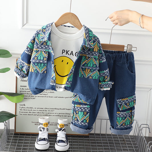 RM231223-7 طقم جينز ولادي 3 قطع ( بلوزة قطنية + جكيت جينز + بنطلون جينز )