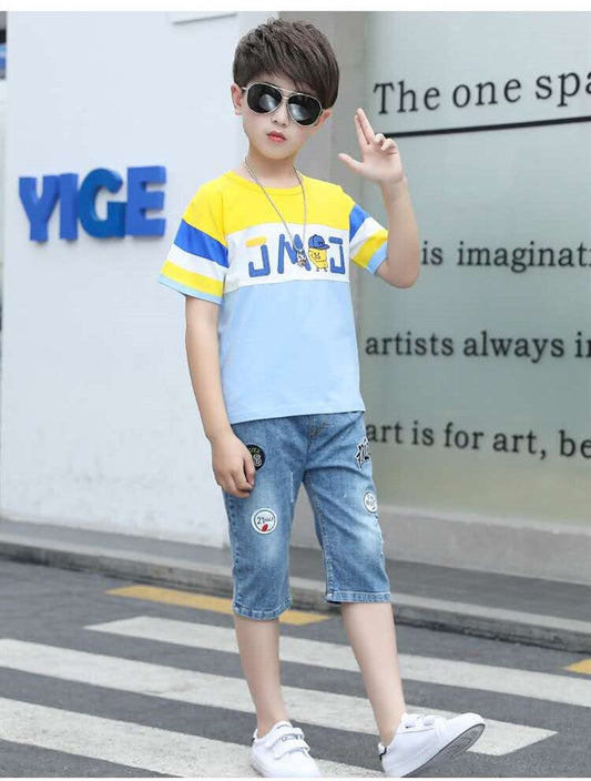 SS-2359B طقم قطعتين بلوزة قطنية + بنطلون جينز شورت طويل