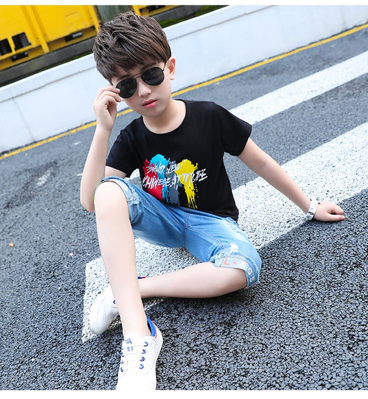 AO1128-105 طقم جينز قطعتين ( بلوزة قطنية + شورت جينز )