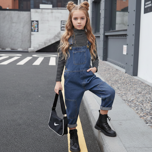 AS-2509G طقم أفرهول جينز قطعتين ( بلوزة مخططة + افرهول جينز )