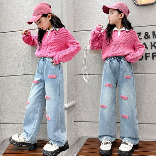 RM171223-30 طقم شتوي ( بلوزة صوف مع قبة قميص + بنطلون جينز مبطن فرو)