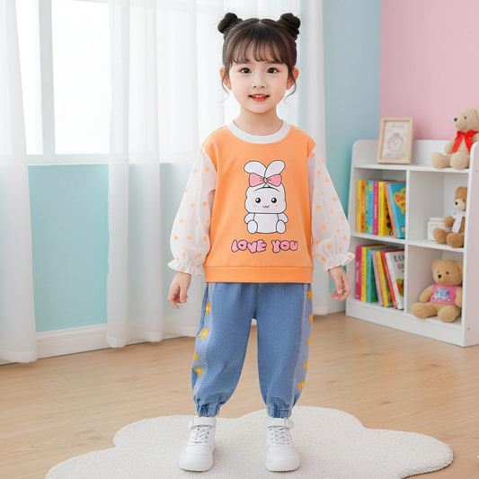 طقم ارنوب خريفي ربيعي قطعتين ( بلوزة + بنطلون مزين بالشفون) AS-1703G