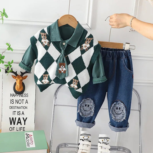 AS-3005B طقم ولادي 4 قطع ( قميص + فست صوف + بنطلون جينز + جرافة )