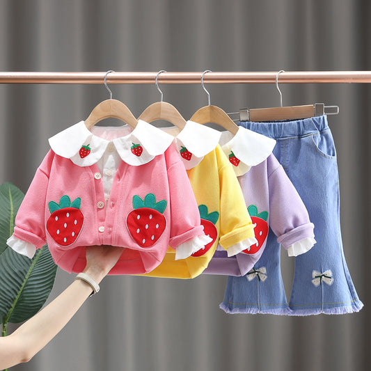 AO0508-215 طقم بناتي 3 قطع ( قميص + جكيت + بنطلون جينز )