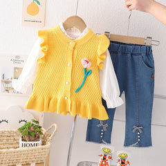 AO0508-34 طقم 3 قطع ( قميص + فست صوف+ بنطلون جينز ناعم)