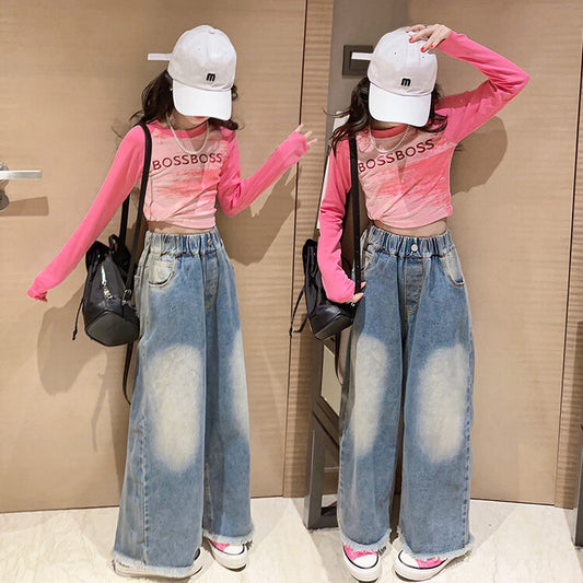 AO0712- 25 طقم بناتي قطعتين ( بلوزة قطنية ناعمة + بنطلون جينز )