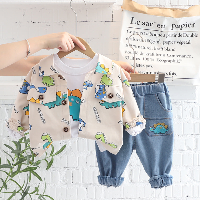 AO0508-75 طقم ولادي 3 قطع ( بلوزة قطنية + جكيت كتان + بنطلون جينز )