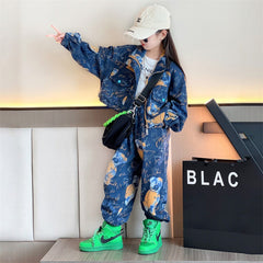 AO0712-23 طقم جينز تقيل بناتي فلو ( جكيت + بنطلون)