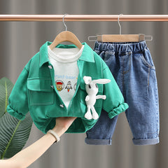 AO0508-42 طقم جينز 3 قطع ( بلوزة قطنية + جكيت كتان + بنطلون جينز)