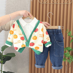 AO0508-234 طقم ولادي 3 قطع ( بلوزة قطنية + جكيت + بنطلون جينز )