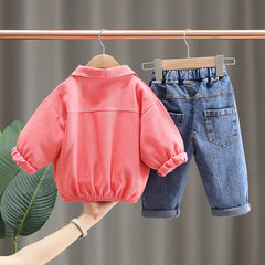 AO0508-42 طقم جينز 3 قطع ( بلوزة قطنية + جكيت كتان + بنطلون جينز)