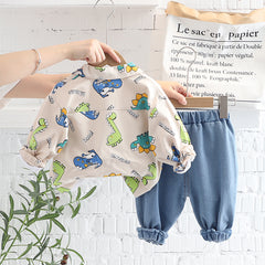 AO0508-75 طقم ولادي 3 قطع ( بلوزة قطنية + جكيت كتان + بنطلون جينز )