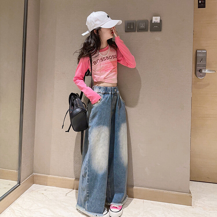 AO0712- 25 طقم بناتي قطعتين ( بلوزة قطنية ناعمة + بنطلون جينز )