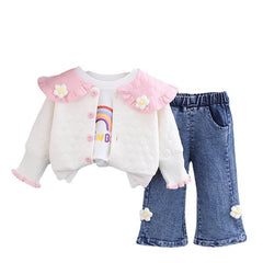 AO0508-64 طقم بناتي 3 قطع ( بلوزة + جكيت + بنطلون جينز )