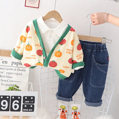 AO0508-234 طقم ولادي 3 قطع ( بلوزة قطنية + جكيت + بنطلون جينز )