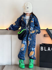 AO0712-23 طقم جينز تقيل بناتي فلو ( جكيت + بنطلون)