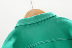 AO0508-42 طقم جينز 3 قطع ( بلوزة قطنية + جكيت كتان + بنطلون جينز)