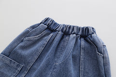 AO0713-04 طقم ولادي 3 قطع ( بلوزة قطنية + فست جينز + بنطلون جينز)