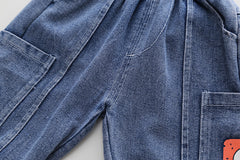 AO0713-04 طقم ولادي 3 قطع ( بلوزة قطنية + فست جينز + بنطلون جينز)