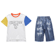 SS-2353B  طقم ولادي جينز بجي قطعتين ( بلوزة قطنية + شورت جينز طويل)