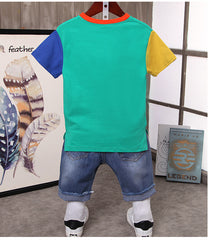 SS-2353B  طقم ولادي جينز بجي قطعتين ( بلوزة قطنية + شورت جينز طويل)