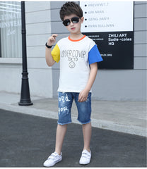 SS-2353B  طقم ولادي جينز بجي قطعتين ( بلوزة قطنية + شورت جينز طويل)