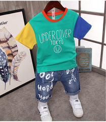 SS-2353B  طقم ولادي جينز بجي قطعتين ( بلوزة قطنية + شورت جينز طويل)