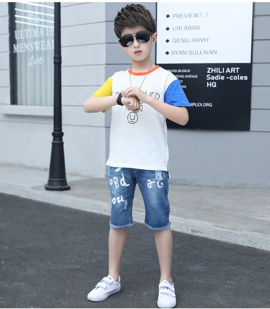 SS-2353B  طقم ولادي جينز بجي قطعتين ( بلوزة قطنية + شورت جينز طويل)