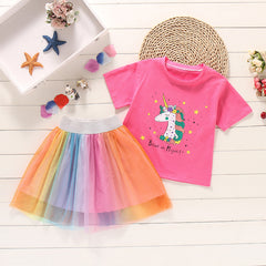 AO0304-54 طقم تنورة يونيكورن قطعتين ( بلوزة قطنية + تنورة)