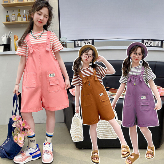 RM150424-15 طقم بناتي صيفي قطعتين ( بلوزة + افرهول)