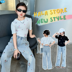 RM150424-35 طقم بناتي صيفي قطعتين ( بلوزة + بنطلون جينز )