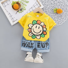 AO1128-83 طقم جينز بناتي قطعتين ( بلوزة قطنية + شورت جينز)